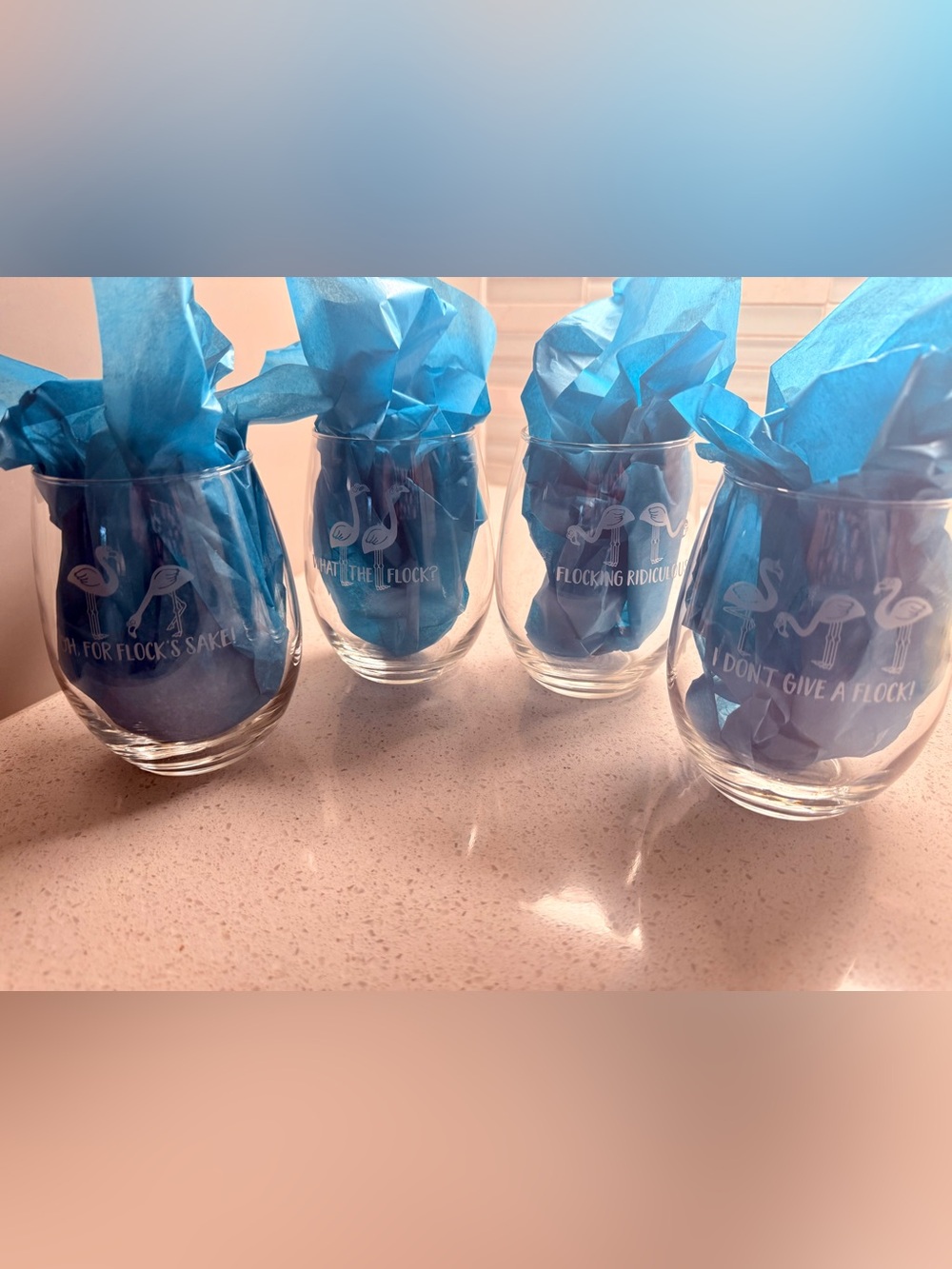 🦩Stemless Wine Glass Set with Flamingos 🦩